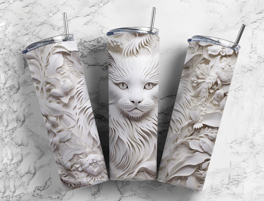 3D White Cat Completed 20oz Skinny Tumbler