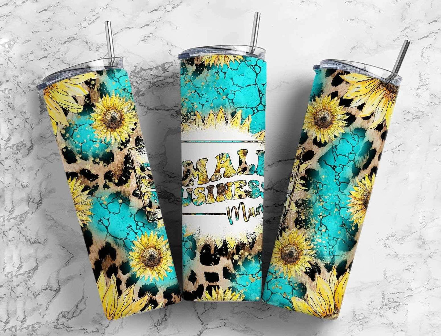 Small Business Mama on Sunflower Background Completed 20oz Skinny Tumbler