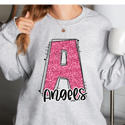 Angels Pink Glitter Varsity Doodle Graphic Tee
