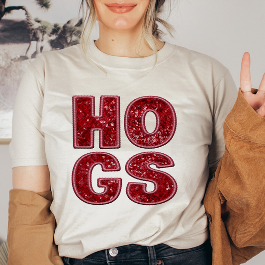 Hogs Faux Sequins and Embroidery Graphic Tee