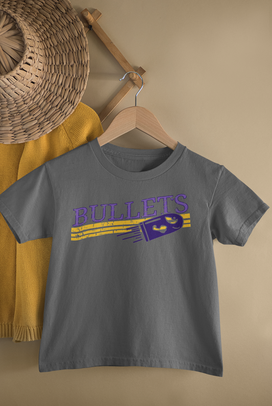 Bullets Purple and Yellow Gold Distressed Slanted Varsity Mascot Graphic Tee