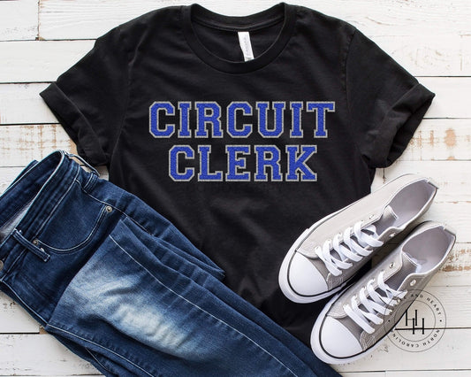 Circuit Clerk Royal Blue/silver Faux Chenille Letters Graphic Tee Dtg