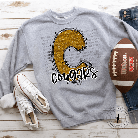 Cougars Gold Glitter Varsity Doodle Graphic Tee Dtg Tee