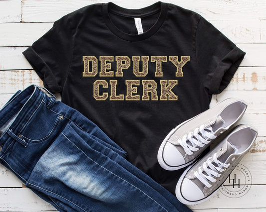 Deputy Clerk Leopard Faux Chenille Letters Graphic Tee Dtg