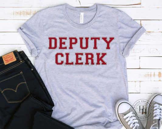Deputy Clerk Red/silver Faux Chenille Letters Graphic Tee Dtg