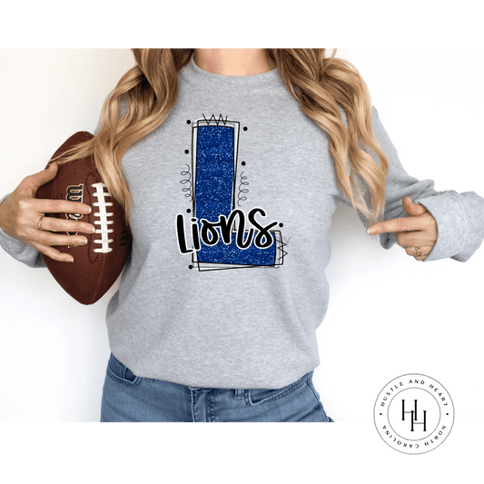 Lions Blue Glitter Varsity Doodle Graphic Tee Dtg Tee