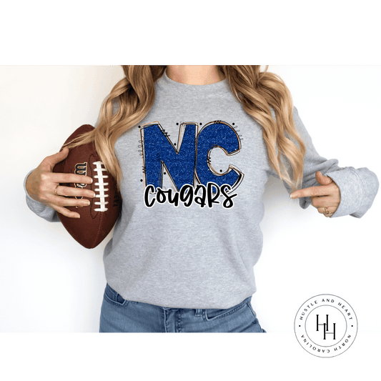 Nc Cougars Blue Glitter Varsity Doodle Graphic Tee Dtg Tee