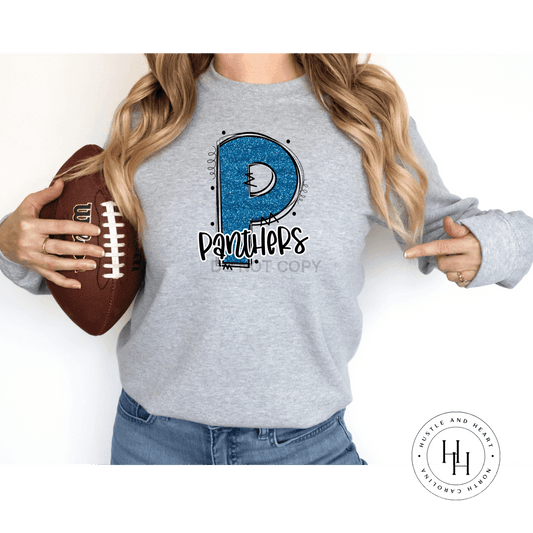 Panthers Blue Glitter Varsity Doodle Graphic Tee Dtg Tee