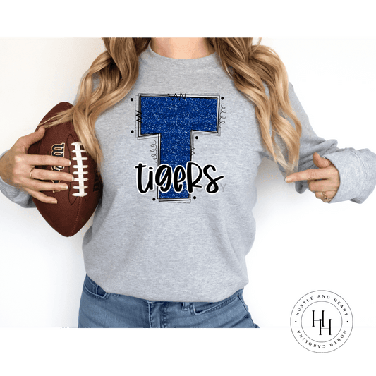 Tigers Blue Glitter Varsity Doodle Graphic Tee Dtg Tee